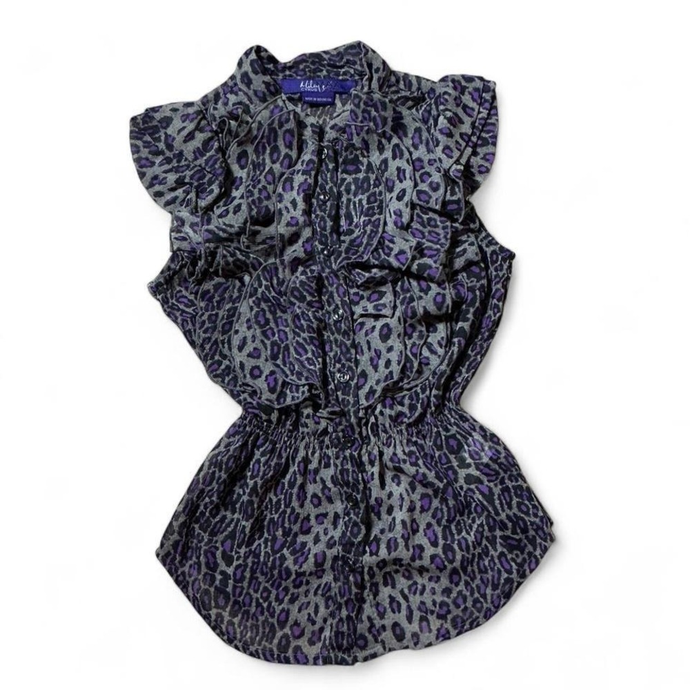 Y2K Miley Cyrus Animal Print Ruffle Button Front Shirt Top Women S Purple Gray